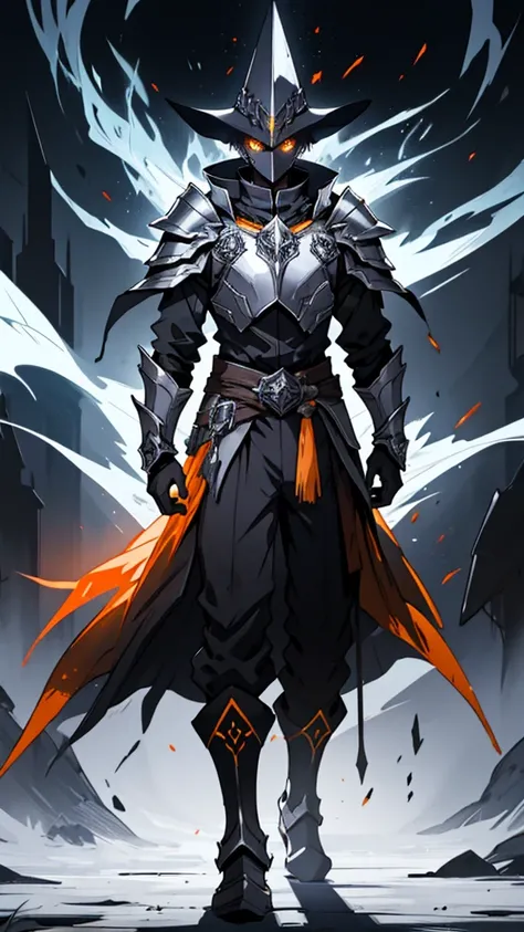 Man in a yellow hat, gray mask with orange eyes, arcane armor and arcane armor on his shoulders and arcane blazes on his wrists, arcane pants, arcane boots, arcane lighting on the armor, black background, anime style and lights on the arcane armor 