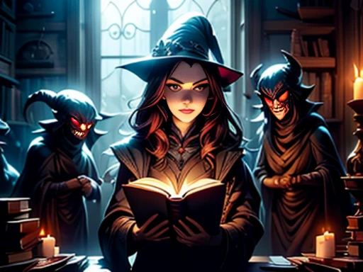 ((materpiece)), ((best quality)), ((cinematic lighting): 1.0), ((medium close-up): 1.0)A Witch, white hair, pale skin, red eyes, holding an open grimoire. ((Behind her, several demonic creatures peer at the book, preparing to leave their hellish prison): 1...