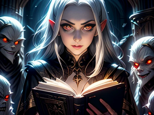 ((materpiece)), ((best quality)), ((cinematic lighting): 1.0), ((medium close-up): 1.0)A Witch, white hair, pale skin, red eyes, holding an open grimoire. ((Behind her, several demonic creatures peer at the book, preparing to leave their hellish prison): 1...