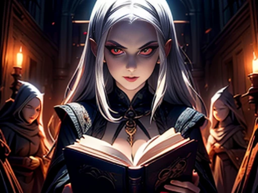 ((materpiece)), ((best quality)), ((cinematic lighting): 1.0), ((medium close-up): 1.0)A Witch, white hair, pale skin, red eyes, holding an open grimoire. ((Behind her, several demonic creatures peer at the book, preparing to leave their hellish prison): 1...