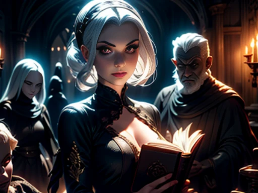 ((materpiece)), ((best quality)), ((cinematic lighting): 1.0), ((medium close-up): 1.0)A Witch, white hair, pale skin, red eyes, holding an open grimoire. ((Behind her, several demonic creatures peer at the book, preparing to leave their hellish prison): 1...