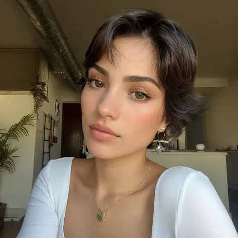 there is a woman with a necklace and a necklace around her neck, com cabelo curto, sem maquiagem, flawless brunette skin, Julia Fontes, Corte Pixie, franja de cortina, Cristina Kritkou, Retrato de Sophie Mudd, Olivia&#39;s fault, com cabelo curto with bang...