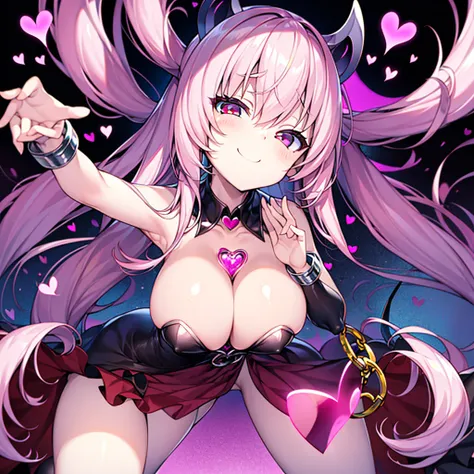 Succubus　Pose with your hands on your chest　Im handcuffed　I have handcuffs on my legs too.........　A dress filled with hearts　Pink heart symbol　seductive body　attractive appearance　heart background　dark background　Eroi body　kiss face　cute face　teenage girl...