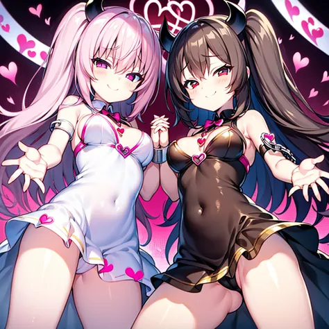 Succubus　Pose with your hands on your chest　Im handcuffed　I have handcuffs on my legs too.........　A dress filled with hearts　Pink heart symbol　seductive body　attractive appearance　heart background　dark background　Eroi body　kiss face　cute face　teenage girl...