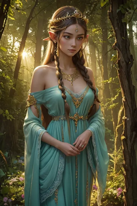 A beautiful girl with pointed ears and elegant features,
soft glowing eyes,
long flowing hair with intricate braids,
delicate facial tattoos that shimmer in the light,
wearing a crown made of vibrant flowers,
dressed in a flowing gown made of ethereal fabr...