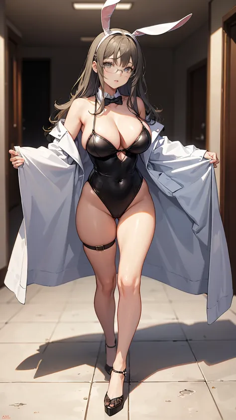 ((masterpiece, high resolution, best quality, best details, anime)), a woman standing in a bunny suit and an open doctors coat in a doctors office, white coat, bunny ears, sexy black leotard, ((black stocking)), platform high heels, long hair, light gray h...