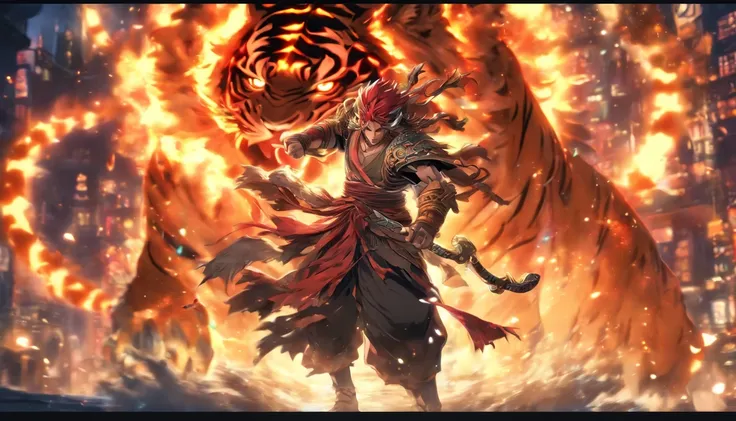 A white deity with the head of a tiger, red hair, and horns, and the body of a dragon. It possesses the ability to foretell fortune. In the background, there  a vivid depiction of the Eight Trigrams. The scene  set in a dynamic game environment.
(best qual...