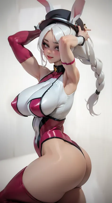 highres, realistic 1girl, (like Tatiana Badiu & sunnyrayyxo), (solo), (Mirko) in cammy_white_(cosplay), rabbit_girl, ((dark_skin)), red_eyes, ((white_hair)), very_long_hair, long_eyelashes, ((large_breasts)), (huge saggy breasts), curvy muscular, sexy body...