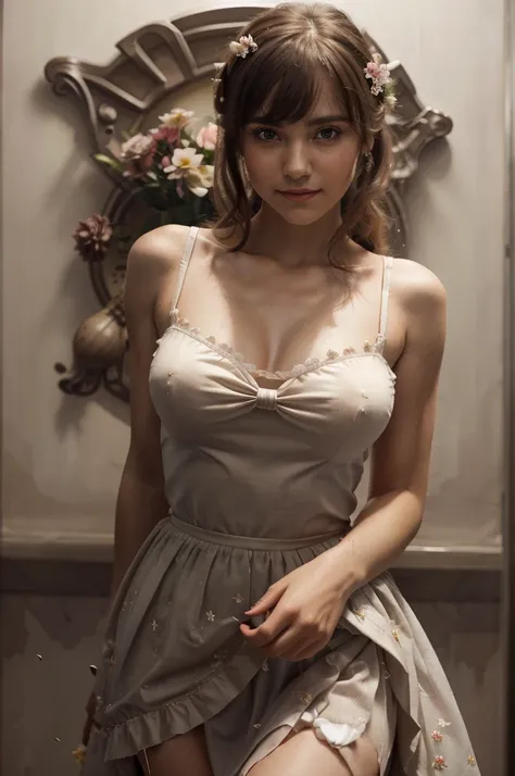 Medium view, medium shot, Depth of bounds written, bust, Upper body, cinematic angle, masterpiece, highest quality, Super detailed, cg, 8k wallpaper, beautiful face, delicate eyes, maiden, alone, smile, bangs, skirt, shirt, have, dress, bow, petal, bouquet