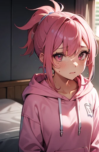 hoodie, ponytail, pink hair, pink eyes, freckles, wet, pussy, bedroom