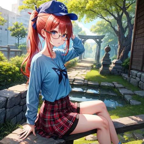 blue hair、Red-blonde、blue eyeraid、ponytail、one good looking girl、solo、anime、Plaid miniskirt、black t-shirt、camisole、forest、sitting、Wearing a plaid baseball cap、Tilting your face、Doing the ribbon、sunset sky、stone bridge、stone stairs、petal、A small bird  flyin...