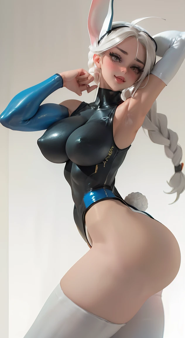 highres, realistic 1girl, (like Tatiana Badiu & sunnyrayyxo), (solo), (Mirko) in cammy_white_(cosplay), rabbit_girl, ((dark_skin)), red_eyes, ((white_hair)), very_long_hair, long_eyelashes, ((large_breasts)), (huge saggy breasts), curvy muscular, sexy body...