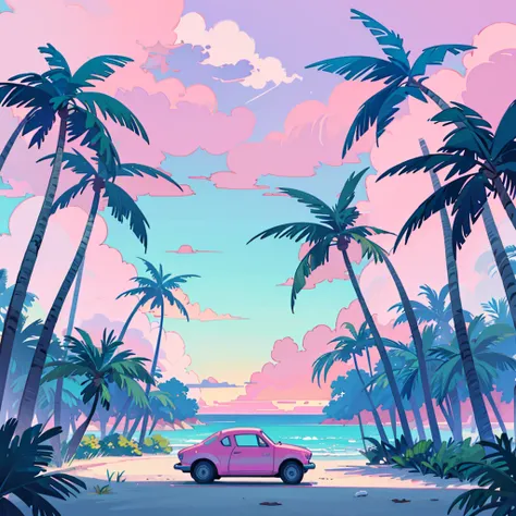 seaside, pink sky, palm tree, blue classic car, blue and pink neon