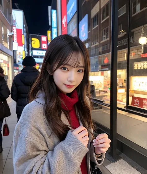 Japan Solo Women、Scene on a date、（Highest image quality、master piece、realistic、Raw photo）、Japanese urban areas in winter、accessories、Looks like a fun atmosphere、red cheeks