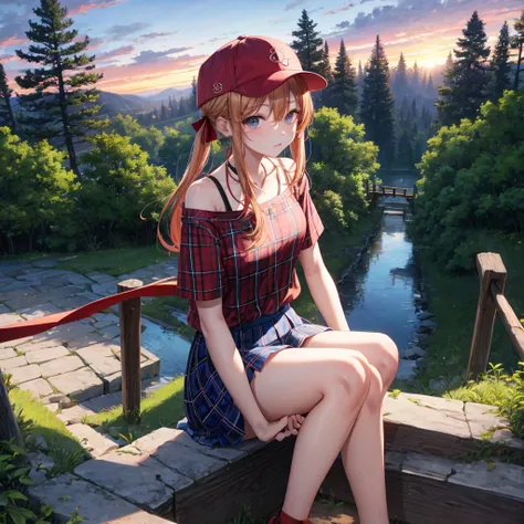 Red-blonde、blue hair、blue eyeraid、one good looking girl、solo、anime、Plaid miniskirt、black t-shirt、camisole、forest、sitting、Wearing a plaid baseball cap、Tilting your face、Doing the ribbon、sunset sky、stone bridge、stone stairs、petal、A small bird  flying、big tre...