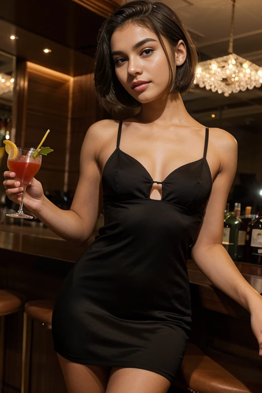 1 young teenager brazilian, 18 anos, cocktail dress,  magra e alta, seios grandes, , elegante, night club, short hair