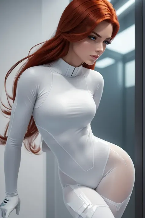 (best quality,8k:1.2,high resolution:1.2),ultra-detalhado,Realistic,vintage science fiction female superhero,retro, red hair,rosto extremamente detalhados,long eyelashes,Collant de nylon branco Apertado,white pantyhose,white gloves, white Glossy plastic ac...