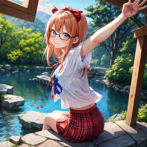 Red-blonde、blue hair、blue eyeraid、one good looking girl、solo、anime、Plaid miniskirt、black t-shirt、camisole、forest、sitting、Wearing a plaid baseball cap、Tilting your face、Doing the ribbon、sunset sky、stone bridge、stone stairs、petal、A small bird  flying、big tre...