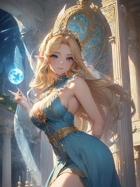 highest quality、Highest image quality、But Tarpeace、Two super beautiful elf beauties((24-years-old、vest bust、big bust、bust 90,beautiful blue long ironed hair、blonde、globe、Sexy means、、slender、Close-up、Esbian、beautiful tiara、High quality、beautiful art、backgro...