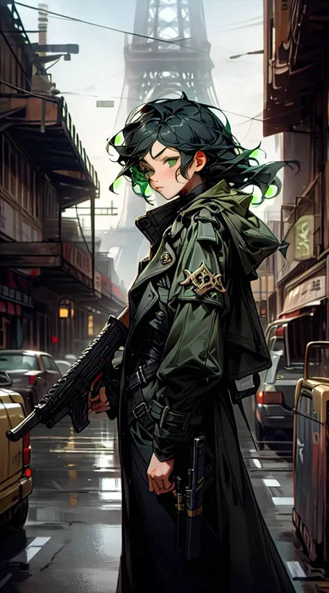 Two-dimensional wind black hair green eyes caucasian face adult woman holding a dieselpunk style gun with runes painted on it。Wearing a pure black trench coat, standing on the edge of futiristic street in Paris, looking out the far away of a two white towe...