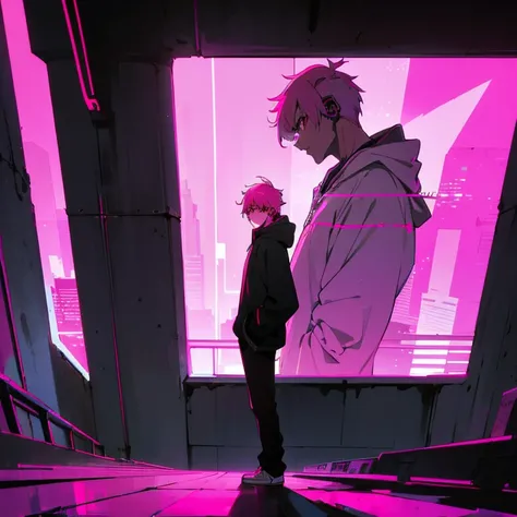 (shortcut), (two block hair), (bright pink hair), (male character), (red eyes), (cool pose), (top quality), (masterpiece), (Super detailed), (oversized hoodie), (Street style), (neon), (modern city), (neonデイライト), (cinematic), (stylish), (High resolution), ...