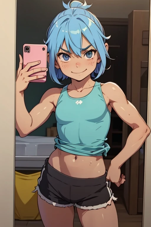 Fit, sweaty, loli, kid, wearing a tank top and shorts, looking at the viewer, sly smirk, showing off, her abs, Mirror selfie,