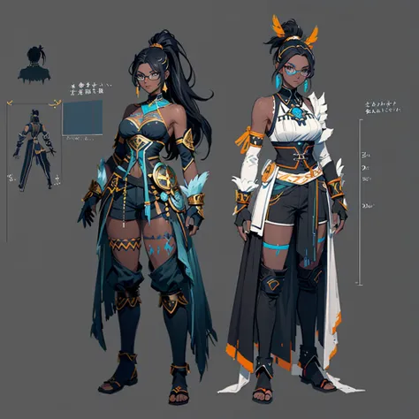 (((concept art))), (((one character))), female, (((dark skin)))), black hair with ponytail, light blue eyes, round glasses with ...