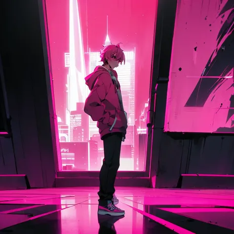 (shortcut), (two block hair), (bright pink hair), (male character), (red eyes), (cool pose), (top quality), (masterpiece), (Super detailed), (oversized hoodie), (Street style), (neon), (modern city), (neonデイライト), (cinematic), (stylish), (High resolution), ...