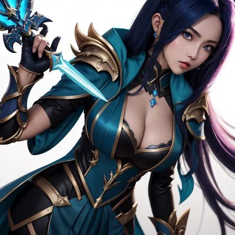 um close up de uma mulher com uma espada em um jogo,  Arte de mobile legends inicial, Karina mobile legends, arte inicial, azar arcano, Karina de mobile legends, Karina, elfa, cabelo azul, roupa roxa e escuro.