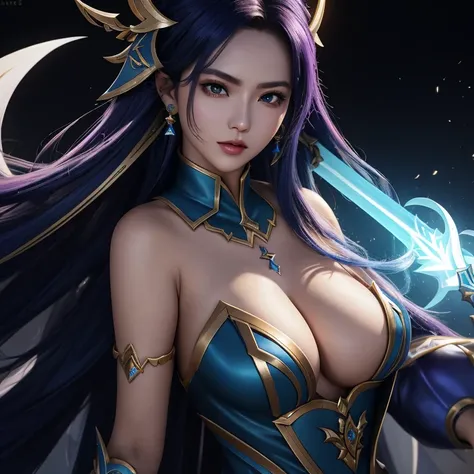 um close up de uma mulher com uma espada em um jogo,  Arte de mobile legends inicial, Karina mobile legends, arte inicial, azar arcano, Karina de mobile legends, Karina, elfa, cabelo azul, roupa roxa e escuro.