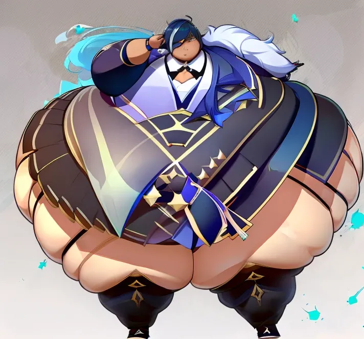 An anime illustration of a Fat Kaeya from Genshin impact , Full body, Solo ,((1boy)), Kaeya, smug grin, Eyepatch,Old German Cityscape, Multicolored Hair, Long Blue Hair, Ponytail ,((Dark Skin)), ((Anatomically accurate)) ,((hyper_hips;1.5)), Thick thighs;1...