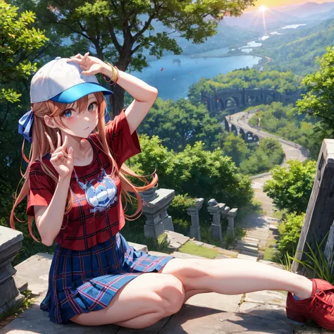 Red-blonde、blue hair、blue eyeraid、one good looking girl、solo、anime、Plaid miniskirt、black t-shirt、camisole、forest、sitting、Wearing a plaid baseball cap、Tilting your face、Doing the ribbon、sunset sky、stone bridge、stone stairs、petal、A small bird  flying、big tre...