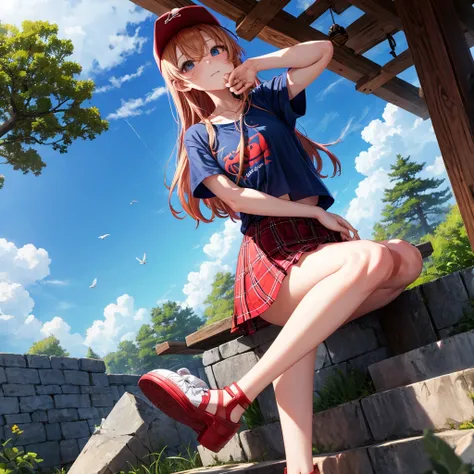 Red-blonde、blue hair、blue eyeraid、one good looking girl、solo、anime、Plaid miniskirt、black t-shirt、camisole、forest、sitting、Wearing a plaid baseball cap、Tilting your face、Doing the ribbon、sunset sky、stone bridge、stone stairs、petal、A small bird  flying、big tre...