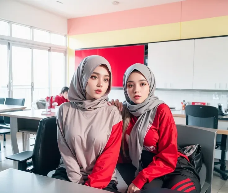 8k RAW photos,2 girls,grey hijab,red hijab,red and white strap jersey t-shirt,black pants