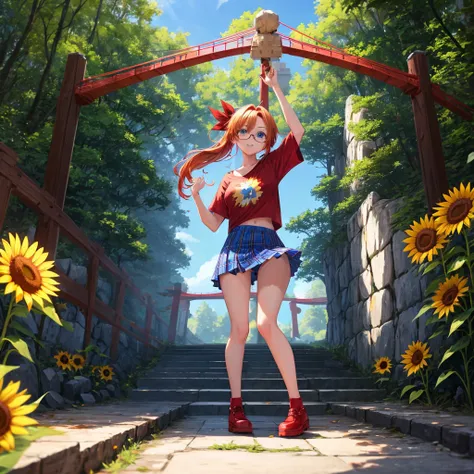 Red-blonde、blue hair、blue eyeraid、one good looking girl、solo、anime、Plaid miniskirt、camisole、black t-shirt、forest、walking、Tilting your face、Doing the ribbon、sunset sky、suspended bridge、stone stairs、petal、tunnel、stretching one&#39;s back、Fallen leaveixing gl...