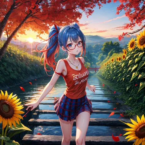 Red-blonde、blue hair、blue eyeraid、one good looking girl、solo、anime、Plaid miniskirt、camisole、black t-shirt、forest、walking、Tilting your face、Doing the ribbon、sunset sky、suspended bridge、stone stairs、petal、tunnel、stretching one&#39;s back、Fallen leaveixing gl...