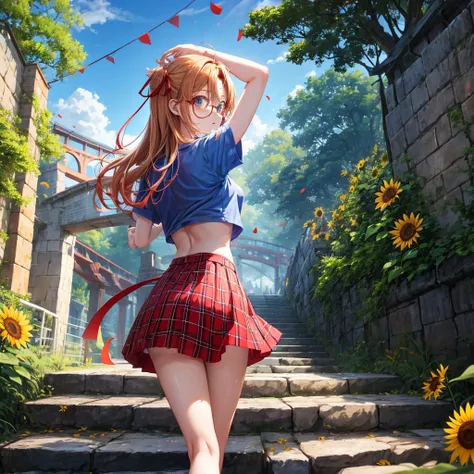 Red-blonde、blue hair、blue eyeraid、one good looking girl、solo、anime、Plaid miniskirt、camisole、black t-shirt、forest、walking、Tilting your face、Doing the ribbon、sunset sky、suspended bridge、stone stairs、petal、tunnel、stretching one&#39;s back、Fallen leaveixing gl...