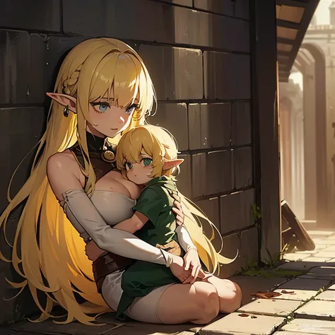 ((1 elf woman with a child on her lap)),((wearing torn rags and dirty clothes)),((long light yellow hair)), big breasts, dirty face and tirsti,((leaning against the wall, in a wet alley in a medieval city))