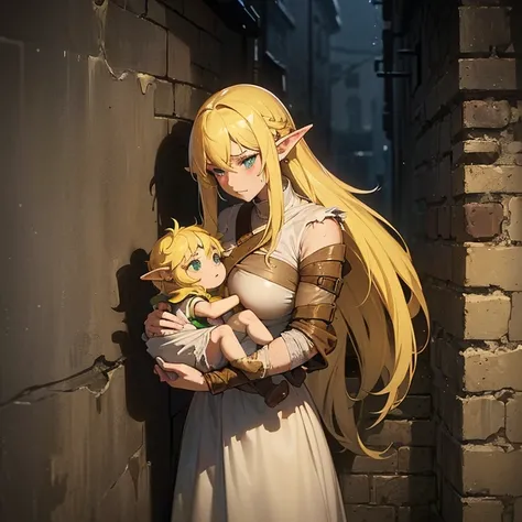 ((1 elf woman)),((holding a child in her arms)),((wearing torn rags and dirty clothes)),((long light yellow hair)),big breasts,dirty face and tirsti,(( leaning against the wall, in a wet alley in a medieval city))