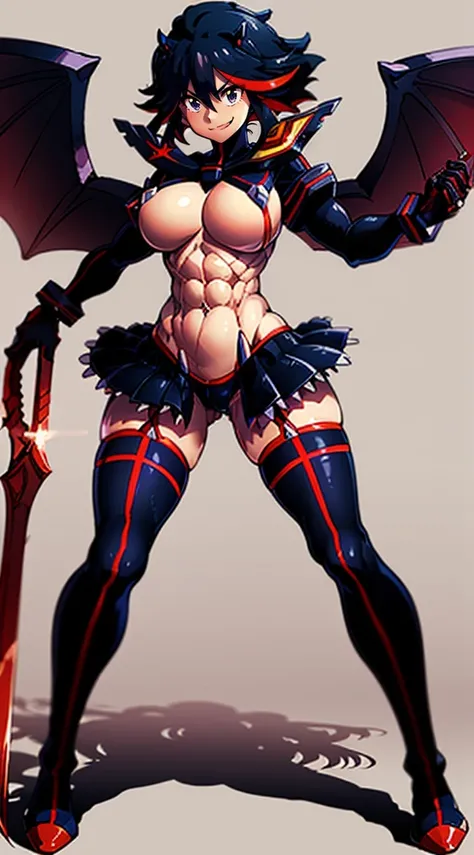 matoi ryuuko, dark armor, magical girl, dragon wings, kill la kill, red hair, large breasts, abs, wide hips, thick thighs, thick arms, pants, standing, black body suit, full body, boots,smile, pullover, miniskirt, black pullover,, black bodysuit, red hair,...