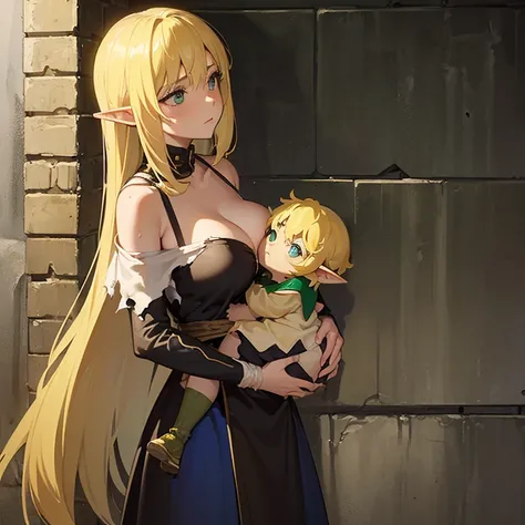 ((1 elf woman)),((holding a child in her arms)),((wearing torn rags and dirty clothes)),((long light yellow hair)),big breasts,dirty face and tirsti,(( leaning against the wall, in a wet alley in a medieval city))