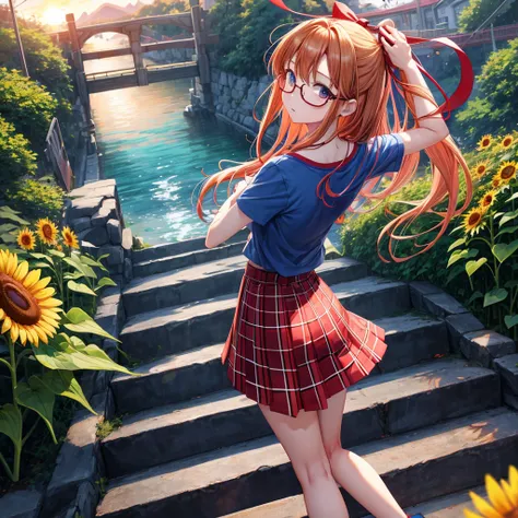 Red-blonde、blue hair、blue eyeraid、one good looking girl、solo、anime、Plaid miniskirt、camisole、black t-shirt、walking、Tilting your face、Doing the ribbon、sunset sky、suspended bridge、stone stairs、petal、tunnel、stretching one&#39;s back、Fallen leaveixing glasses、s...