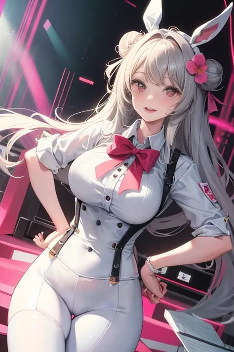 masterpiece、The best、1 female student、White cloth bun bun bun、Shoulder leakage、big breasts、chubby、Smile、White suspenders、lace leggings、light pink lips、posing at school，（Soaked all over），legs are open， solo, White polo shirt, looking at the audience,  (Thic...