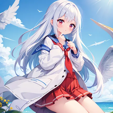 female high school student，White hair, red eyes，In sailor suit，A shy look