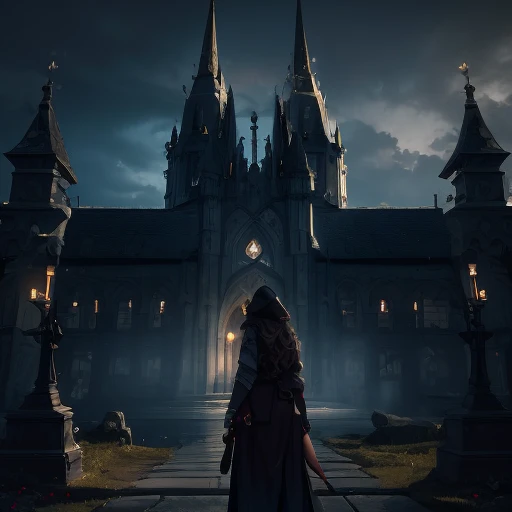 Create a scene involving a mysterious female character standing before an imposing gothic castle, bathed in the mystical light of a full moon