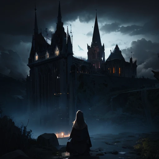 Create a scene involving a mysterious female character standing before an imposing gothic castle, bathed in the mystical light of a full moon