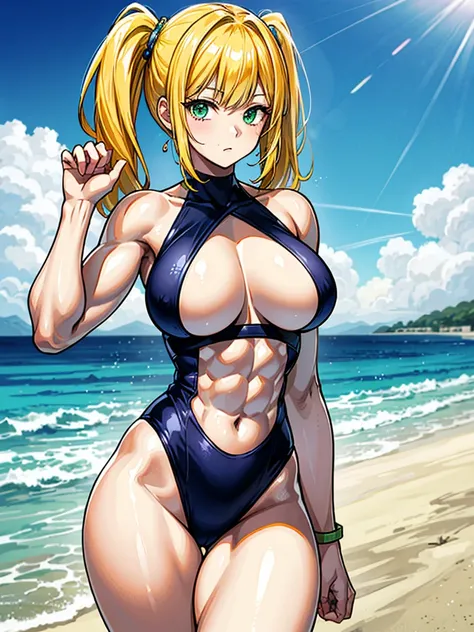 （（（masterpiece、Highest image quality、highest quality、highly detailed unity 8ｋwallpaper）））、（（Illustration of one girl））、（（（beautiful girl）））、（（blonde、two side up：1.4、sidelocks：1.6、green eyes））、（（（stocky build：1.5, thickset physique：1.6, muscular legs, broad...