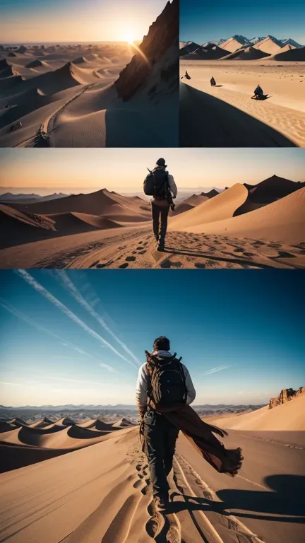 montage of a man traveling through diverse landscapes, deserts with blowing sand, bustling city streets, icy mountain tops, sense of search, dynamic angles, high-quality travel shots