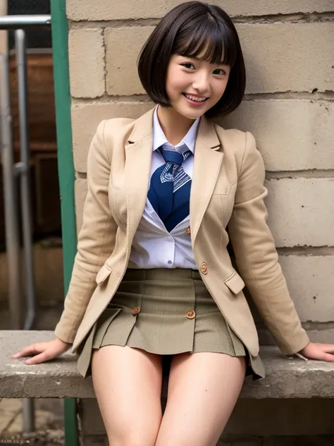 blazer, school uniform, show me your nipples, big breasts, big nipples, big areola, sit and spread your legs, show crotch, mini skirt, pleated skirt, Exposed crotch, Thighs, female organ, short hair, baby face, smile, look at the camera, Good alignment of ...