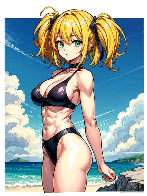 （（（masterpiece、Highest image quality、highest quality、highly detailed unity 8ｋwallpaper）））、（（Illustration of one girl））、（（（beautiful girl）））、（（blonde、short hair、two side up：1.4、sidelocks：1.6、green eyes））、（（（stocky build：1.5, thickset physique：1.6, muscular ...